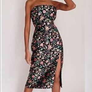 Lulu's Strapless Black Floral Midi Dress with Pink and Green Blooms